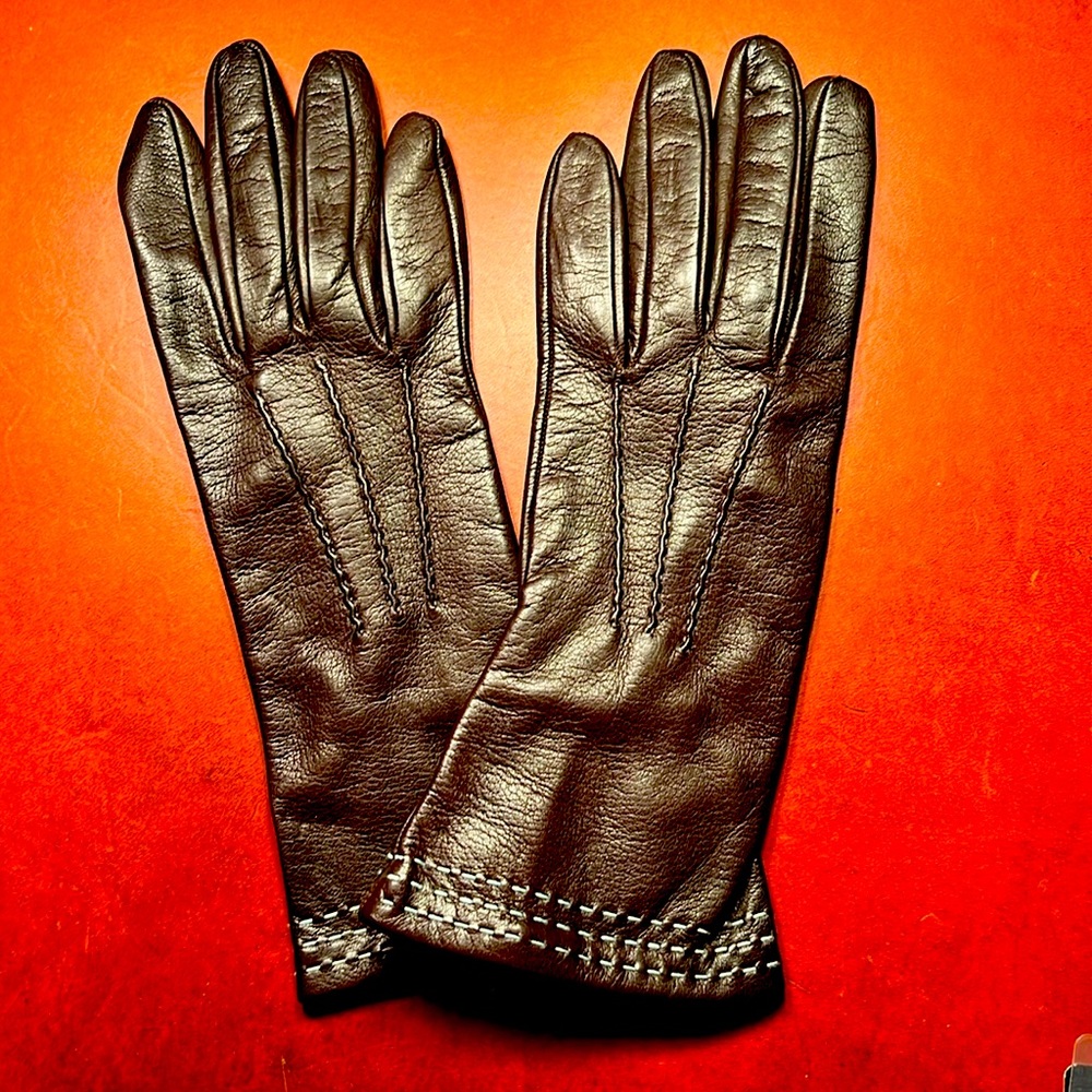 Paul Smith main line woman’s gloves in rich chocolate brown with aqua stitch